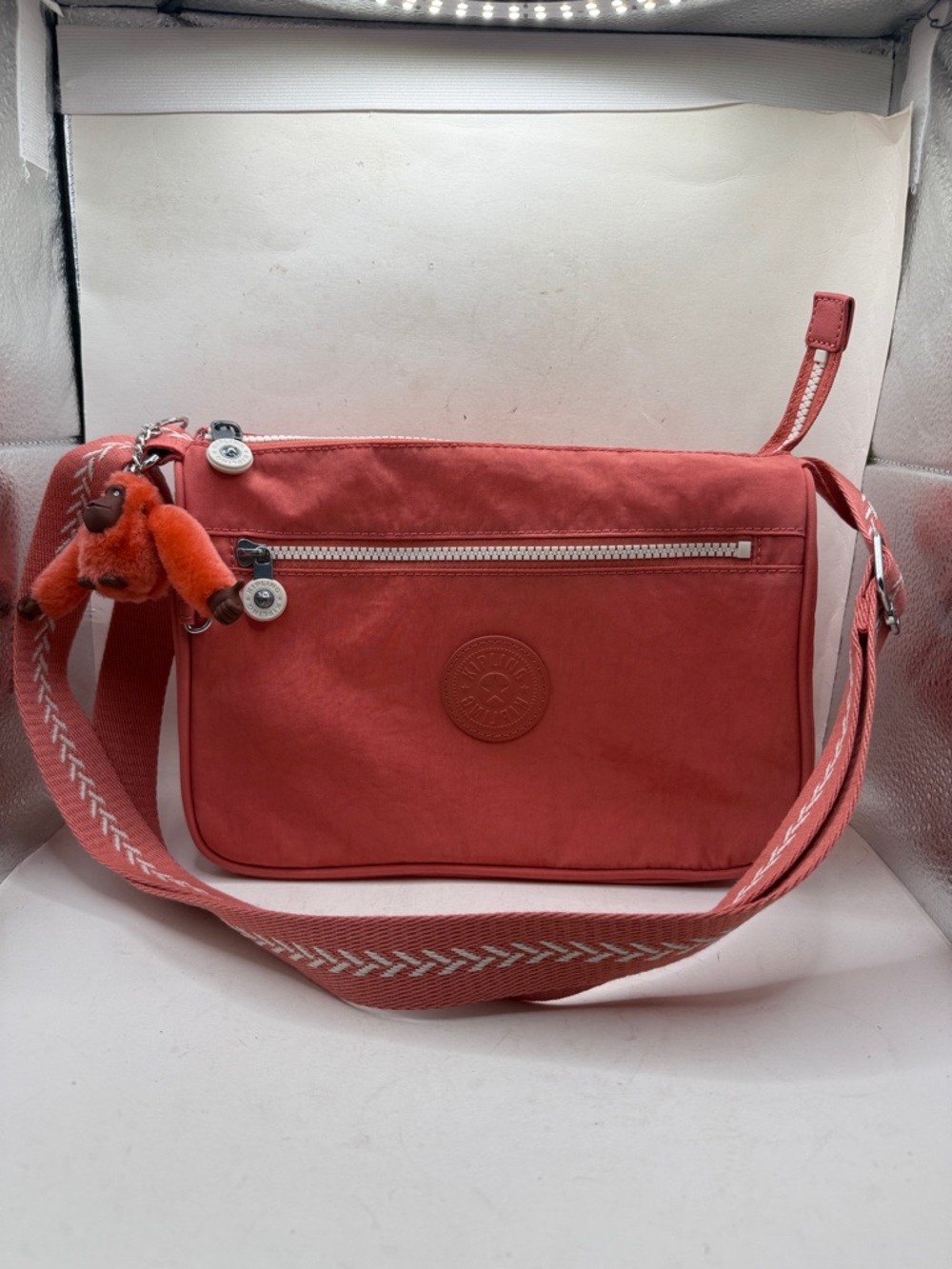 Kipling Coral Peach Nylon Crossbody Purse Bag Monkey Charm - Picture 12 of 12
